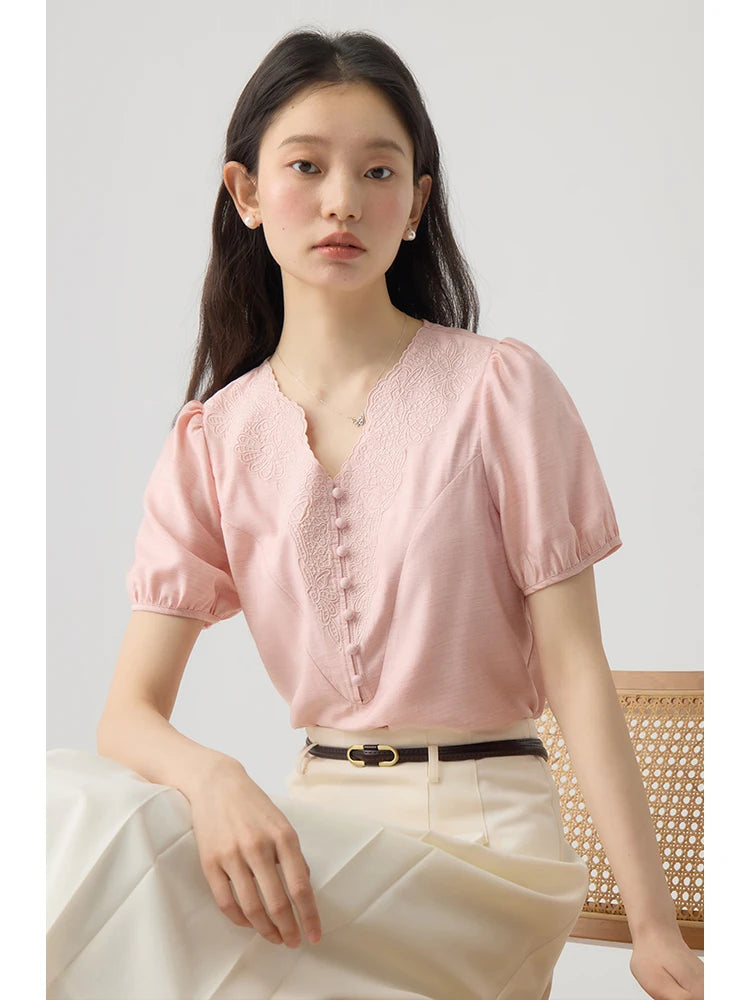 ZIQIAO French  Style V-neck Embroidered Women Shirt Versatile Casual Short Sleeve 2026 Summer Puff Sleeve Elegant Top 24ZQ92169