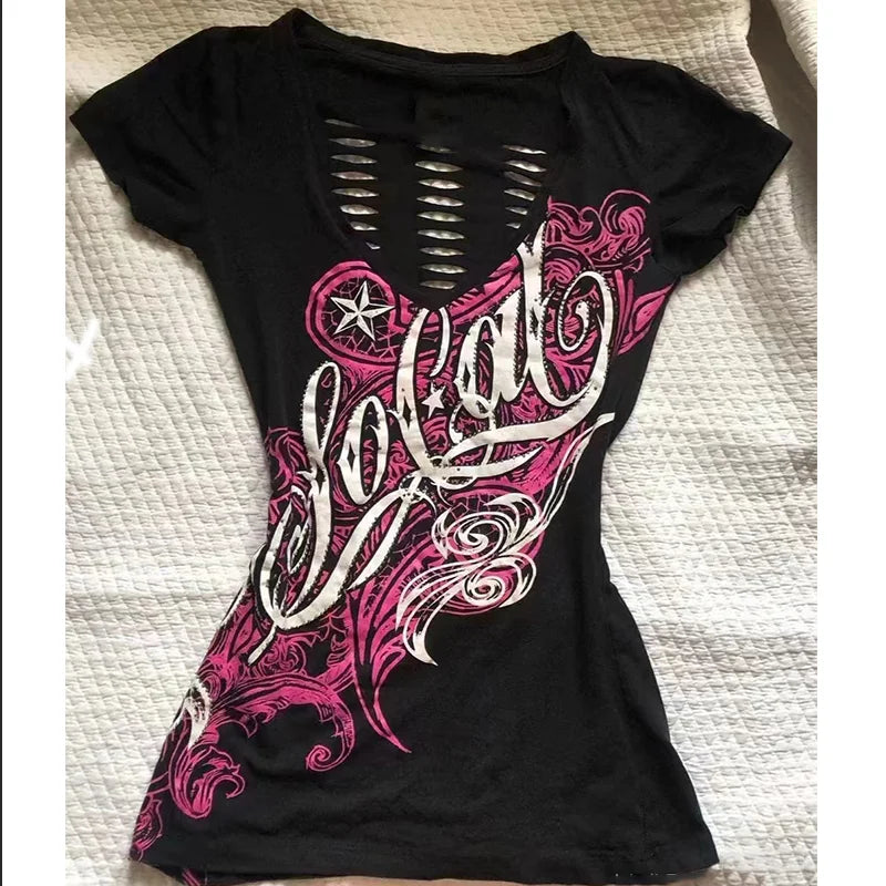 Summer American Vintage Hollow-out Design Clothing Ladies Y2K Punk Tee Slim Short Sleeve T-shirts Gothic Harajuku Chic Print Top