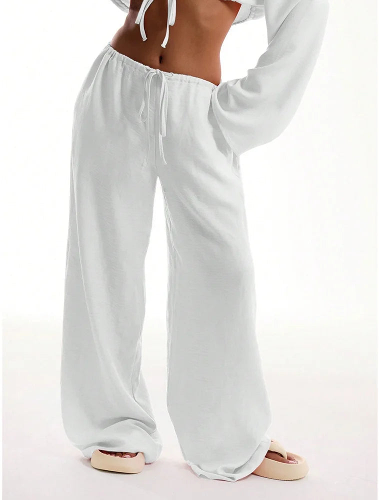 Casual Oversized White Solid Wide Leg Pants Fashion Women Elastic High Waist Pocket Baggy Sweatpant Office Lady Commute Trousers